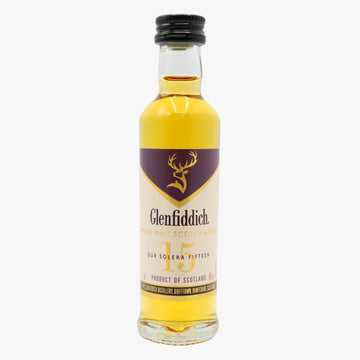 Glenfiddich 15-year-old whisky bottle on a white background