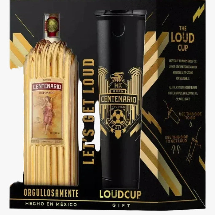 Centenario tequila bottle and Loudcup on a branded box with gold and black design.
