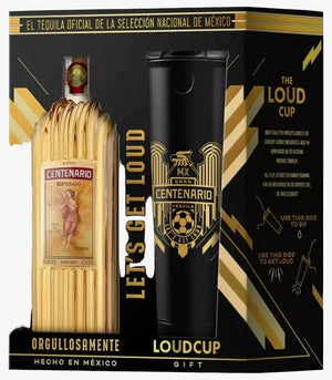 Centenario tequila bottle and Loudcup on a branded box with gold and black design.