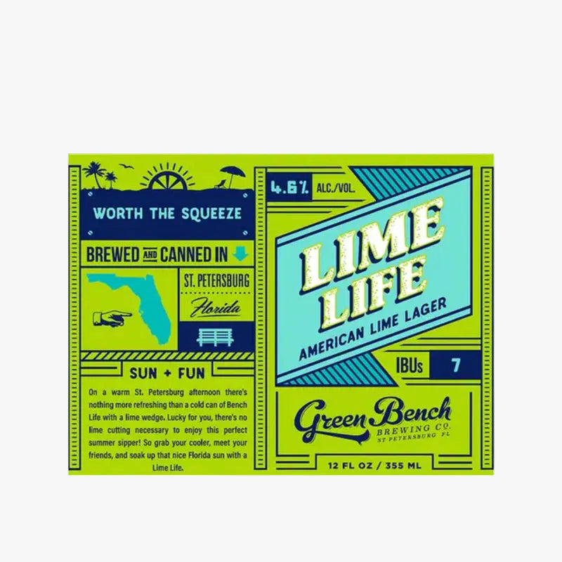 Lime Life American Lime Lager label by Green Bench Brewing Co. on a white background