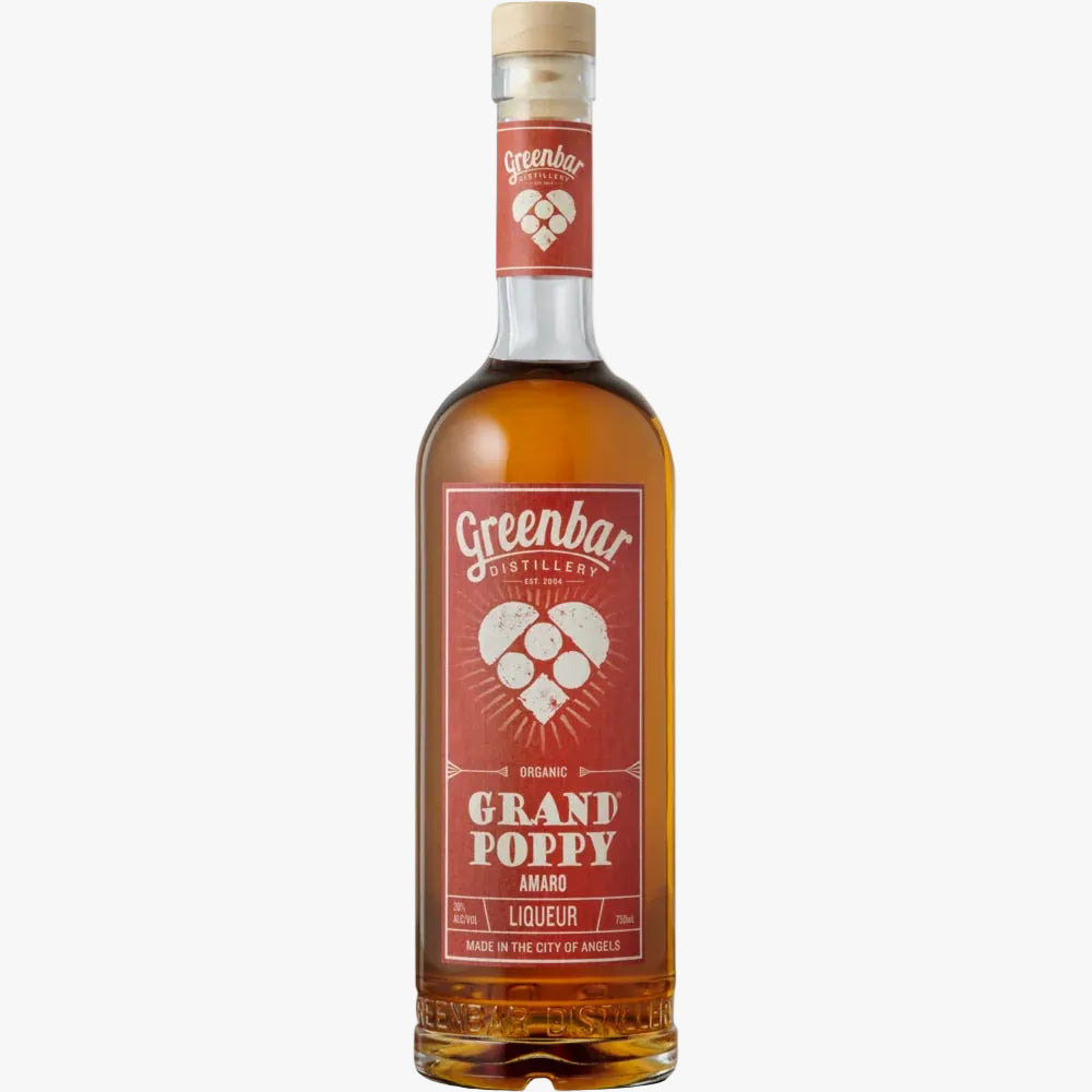 Bottle of Greenbar Grand Poppy Amaro on a white background
