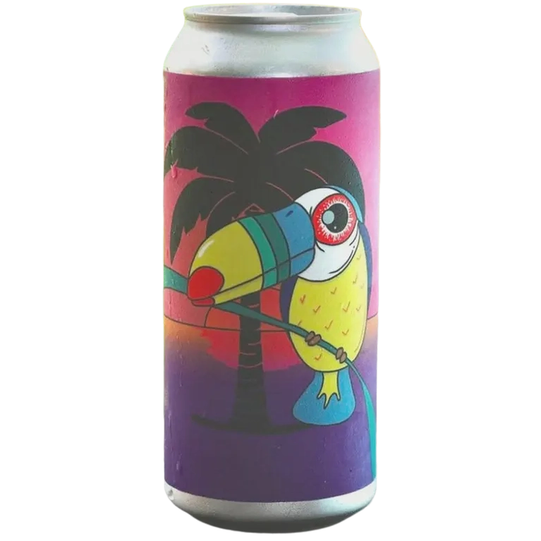 A silver aluminum beverage can with a colorful tropical design featuring a toucan, palm tree, and sunset gradient on the label.