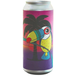 A silver aluminum beverage can with a colorful tropical design featuring a toucan, palm tree, and sunset gradient on the label.