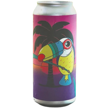 A silver aluminum beverage can with a colorful tropical design featuring a toucan, palm tree, and sunset gradient on the label.