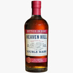 A bottle of Heaven Hill Double Mash Bourbon Straight Whiskey, 100 Proof, featuring a cream label with blue text and red accents, sealed with a red foil cap.