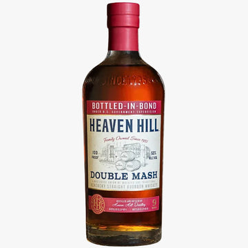 A bottle of Heaven Hill Double Mash Bourbon Straight Whiskey, 100 Proof, featuring a cream label with blue text and red accents, sealed with a red foil cap.