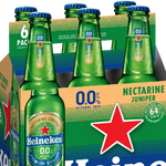 Heineken 0.0% alcohol-free beer six-pack with green bottles and blue caps.
