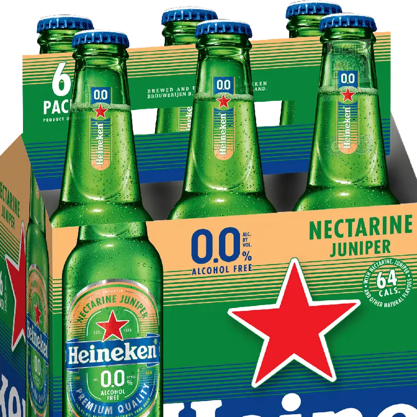 Heineken 0.0% alcohol-free beer six-pack with green bottles and blue caps.