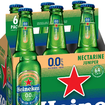 Heineken 0.0% alcohol-free beer six-pack with green bottles and blue caps.