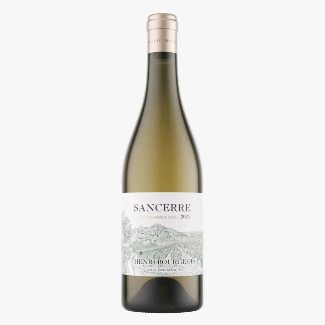 A bottle of Sancerre white wine by Henri Bourgeois, featuring a pale green glass bottle, a white label with a light green landscape illustration, and a gold foil cap, set against a plain white background.