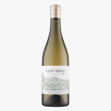 A bottle of Sancerre white wine by Henri Bourgeois, featuring a pale green glass bottle, a white label with a light green landscape illustration, and a gold foil cap, set against a plain white background.