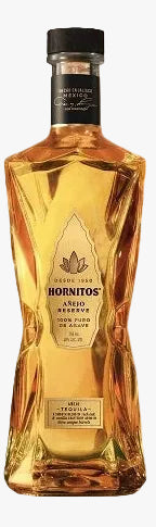 Two bottles of Hornitos tequila, one green and one amber, on a white background.