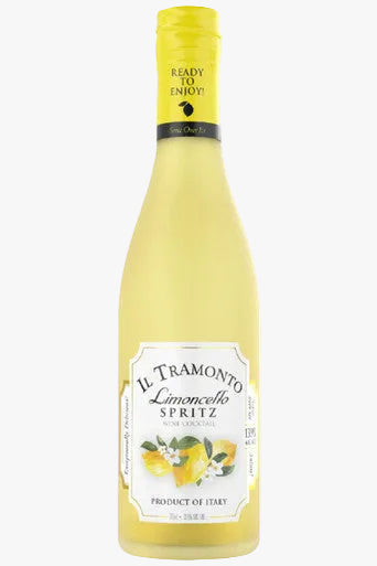 A bottle of Il Tramonto Limoncello Spritz non-alcoholic wine lemon oil, featuring a pale yellow liquid, a yellow screw cap, and a white label with lemon illustrations.