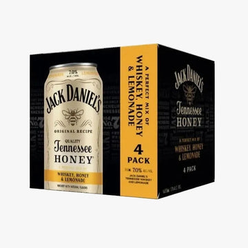 Jack Daniel's Tennessee Honey whiskey lemonade 4-pack can in a black box on a white background