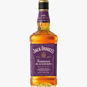 A bottle of Jack Daniel's Tennessee Blackberry spirituous liqueur, featuring a purple label and amber-colored liquid inside a clear glass bottle, set against a plain white background.
