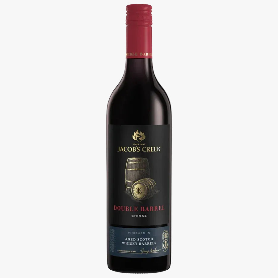 Bottle of Jacobs Creek Double Barrel Shiraz wine on a white background