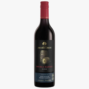 Bottle of Jacobs Creek Double Barrel Shiraz wine on a white background