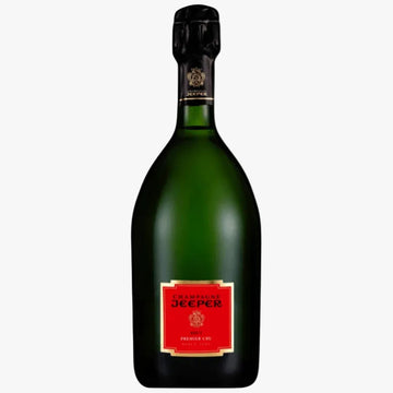 A bottle of Champagne Jeeper Non-Alcoholic Premium Cider in a dark green glass bottle with a red and gold label, sealed with a black foil top, on a plain white background.