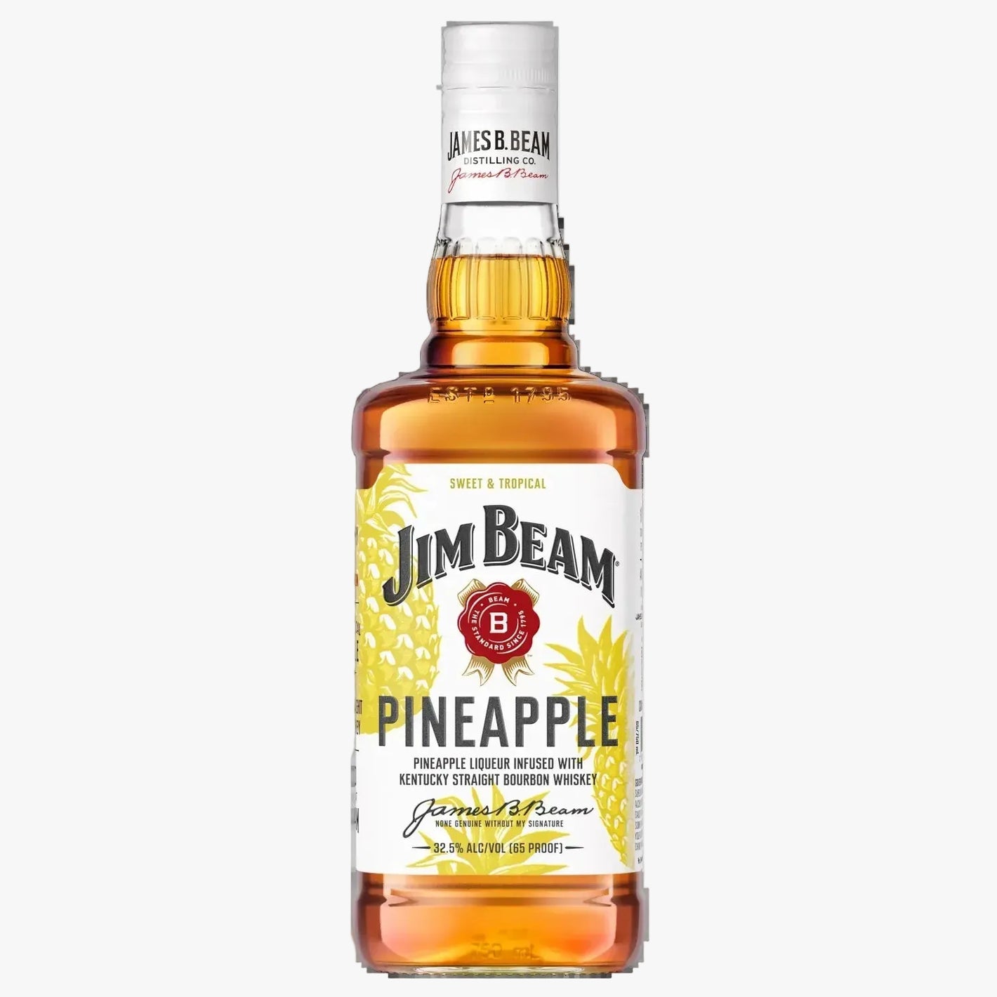A bottle of Jim Beam Pineapple Bourbon Whiskey on a solid white background. The bottle is filled with amber-colored liquor and features a white label with yellow pineapple illustrations and a red logo seal.