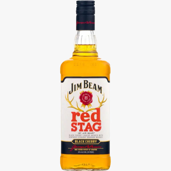 A bottle of Jim Beam Red Stag Black Cherry dry whiskey on a plain white background.