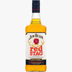 A bottle of Jim Beam Red Stag Black Cherry dry whiskey on a plain white background.
