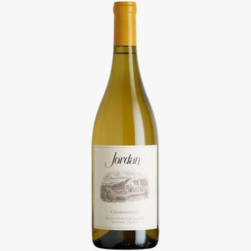 A bottle of Jordan Chardonnat from the Bushland River Valley, featuring a pale yellow wine liquid, a cream-colored label with a rustic illustration, and a gold foil capsule at the top, set against a plain white background.