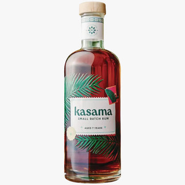 Bottle of kasama small batch rum with a decorative label on a white background