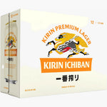 A 12-pack cardboard box of Kirin Ichiban Premium Lager beer cans, featuring the brand's logo with a stylized horse and a cream-colored background.