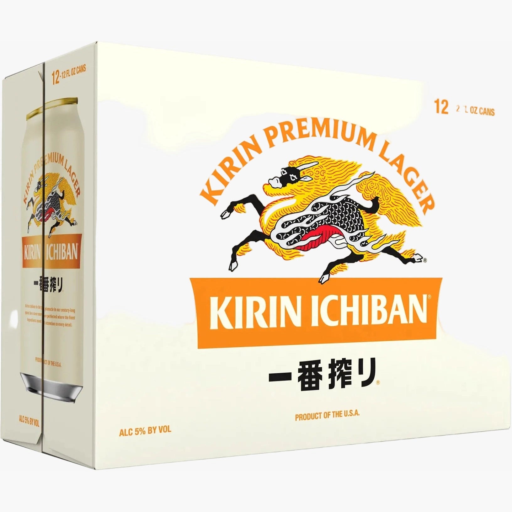 A 12-pack cardboard box of Kirin Ichiban Premium Lager beer cans, featuring the brand's logo with a stylized horse and a cream-colored background.