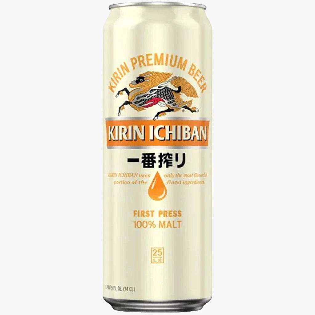 A single can of Kirin Ichiban Premium Beer on a plain white background. The can is cream-colored with orange and black text, featuring the Kirin Ichiban dragon logo.