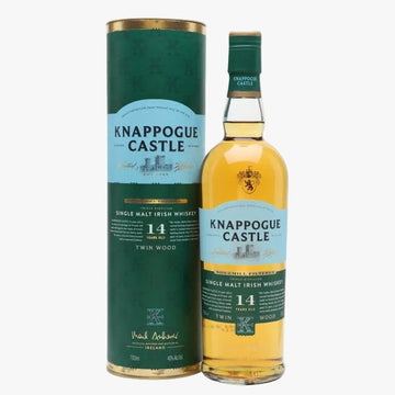 Knappogue Castle 14-year-old single malt Irish whiskey bottle and packaging on a white background