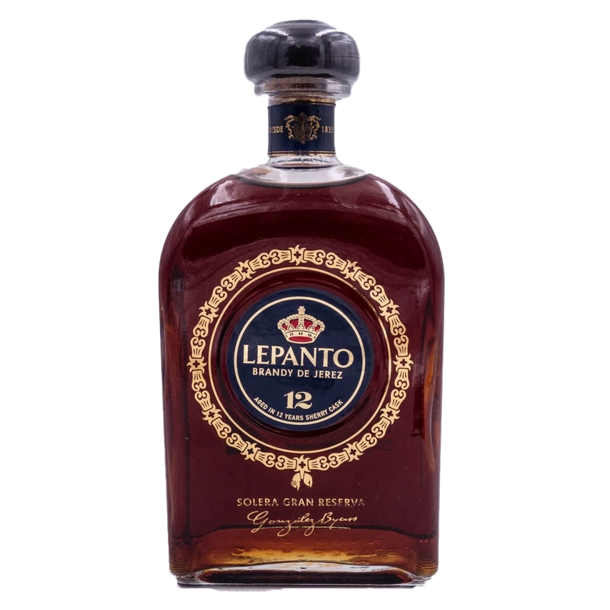 A bottle of Lepanto 12 Years Reserve Brandy de Jerez on a solid white background.