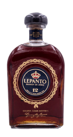 A bottle of Lepanto 12 Years Reserve Brandy de Jerez on a solid white background.