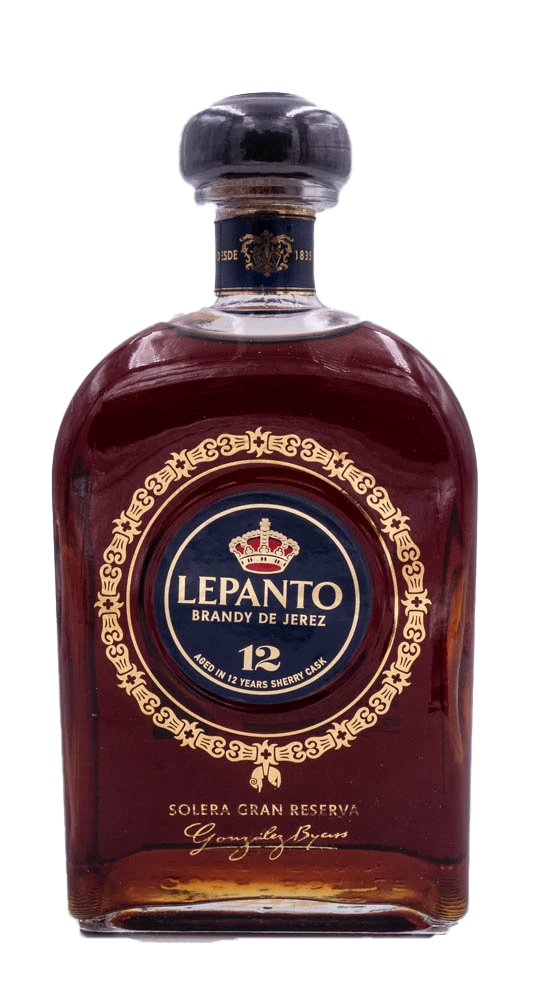 A bottle of Lepanto 12 Years Reserve Brandy de Jerez on a solid white background.