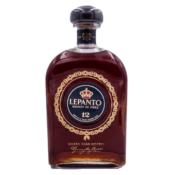 A bottle of Lepanto 12 Years Reserve Brandy de Jerez on a solid white background.