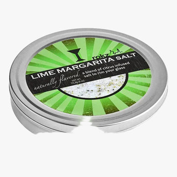 A round silver metal tin of Rock Salt Lime Margarita Salt, featuring a green and black label with a cocktail glass icon and a small window showing the white salt inside.