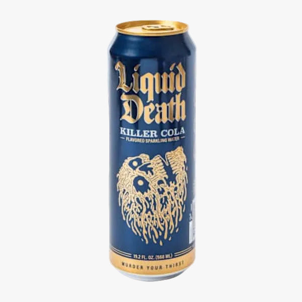 A single can of Liquid Death Killer Cola flavored sparkling nuke tea, featuring a dark blue and gold design with a stylized skull graphic, isolated on a white background.