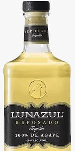 A bottle of Lunazul Reposado Tequila 100% de Agave, featuring a golden-yellow liquid inside a clear glass bottle with a black cap and a black label with gold lettering.
