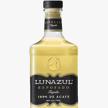 A bottle of Lunazul Reposado Tequila 100% de Agave, featuring a golden-yellow liquid inside a clear glass bottle with a black cap and a black label with gold lettering.