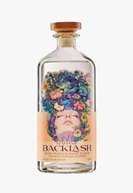 A clear glass bottle of Madame Backlash Gin with a cork stopper, featuring a peach-colored label with an illustration of a woman's face surrounded by colorful flowers and green leaves.