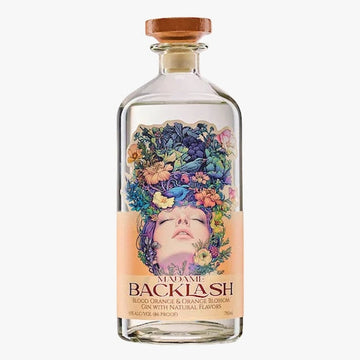 A clear glass bottle of Madame Backlash Gin with a cork stopper, featuring a peach-colored label with an illustration of a woman's face surrounded by colorful flowers and green leaves.
