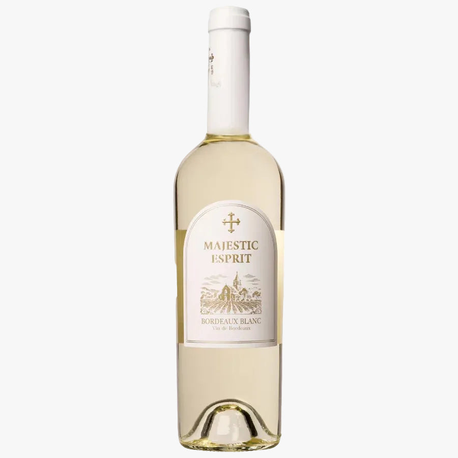 A bottle of Majestic Esprit Bordeaux Blanc white wine, featuring a white label with gold lettering and a wine estate illustration, set against a plain white background.