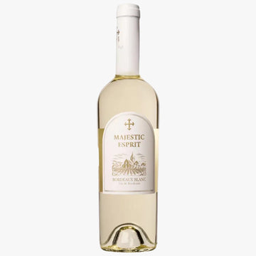 A bottle of Majestic Esprit Bordeaux Blanc white wine, featuring a white label with gold lettering and a wine estate illustration, set against a plain white background.