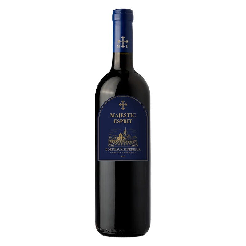 A bottle of Majestic Esprit red wine with a dark glass body, a deep blue foil capsule at the neck, and a matching dark blue front label featuring gold lettering and a castle illustration, set against a plain white background.