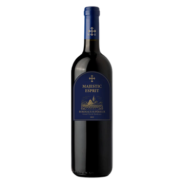 A bottle of Majestic Esprit red wine with a dark glass body, a deep blue foil capsule at the neck, and a matching dark blue front label featuring gold lettering and a castle illustration, set against a plain white background.