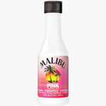 A 50ml bottle of Malibu Pink Notes of Guava, Pineapple, and Coconut rum with tropical liqueur flavor, featuring a pink and yellow sunset label with palm trees on a white background.