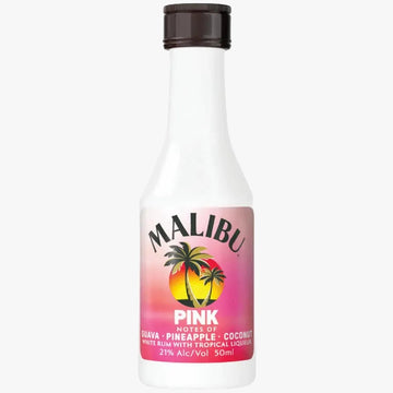 A 50ml bottle of Malibu Pink Notes of Guava, Pineapple, and Coconut rum with tropical liqueur flavor, featuring a pink and yellow sunset label with palm trees on a white background.