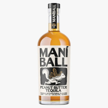 A bottle of Maniball Peanut Butter Tequila with a white label featuring a black and white squirrel illustration and gold accents, filled with amber liquid, on a plain white background.