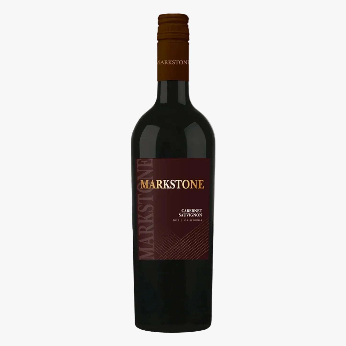 A bottle of Markstone Cabernet Sauvignon red wine, featuring a dark glass bottle with a brown screw cap and a maroon label with gold lettering, set against a plain white background.