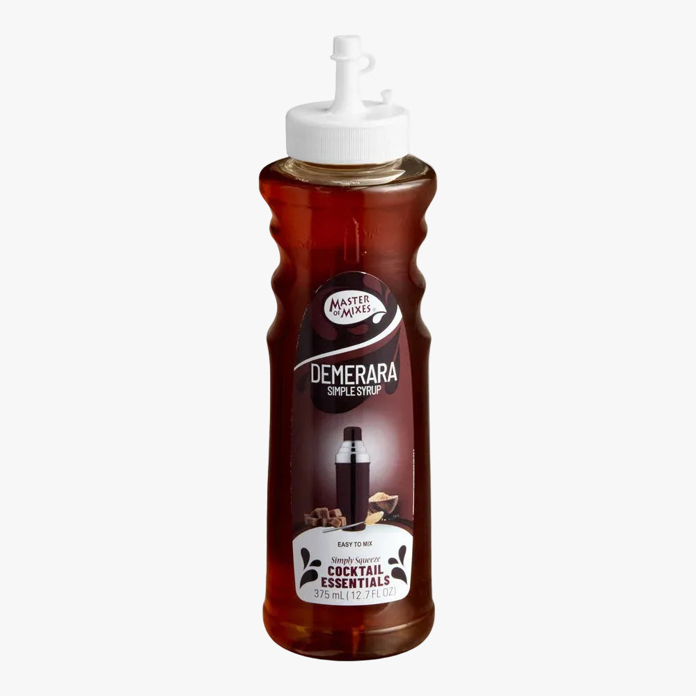 A bottle of Master &amp; Spy Demerara Simple Syrup, 970 ml (3.35 fl oz), with a white plastic squeeze top and a dark brown label, shown on a plain white background.